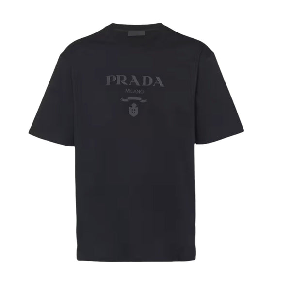 2024-25 秋冬新作  ハイブランドの Prada Prada Black Cotton T-Shirt with Embossed Silicone Logo トップス