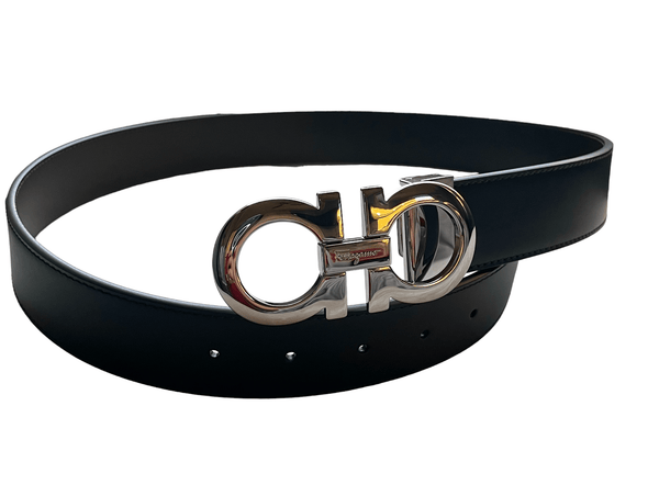 アクセサリーその他 FERRAGAMO BLACK AND SILVER LEATHER BELT Salvatore Ferragamo Gancini Silver Diamond Finish Buckle