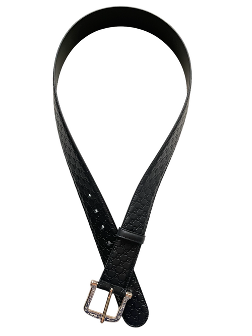 Gucci Signature Leather Belt with Gold-Tone Square Buckle, Black