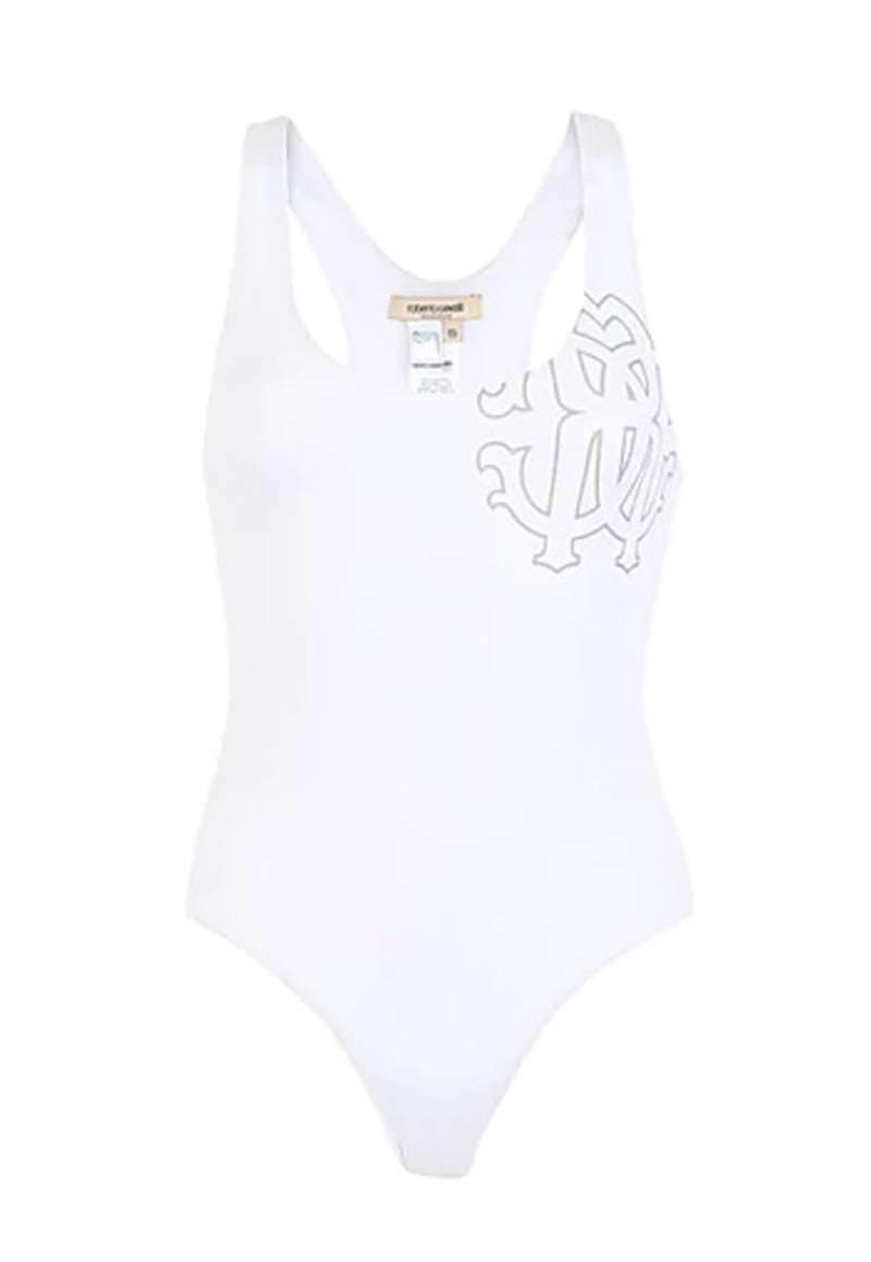 Roberto Cavalli Logo One-Piece Swimsuit, White, Size 4
