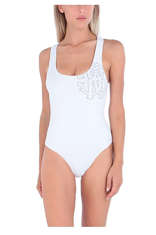 Roberto Cavalli Logo One-Piece Swimsuit, White, Size 4 - Premium Swimwear from Roberto Cavalli - Just $155! Shop now at Sunset Boutique