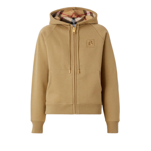 Burberry Women Letter Graphic Check Trim Cotton-Blend Zip Hoodie, Honey - Premium Hoodies from Burberry - Just $645! Shop now at Sunset Boutique