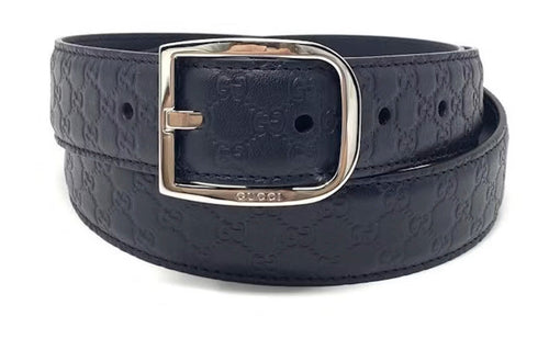 Gucci Signature Leather Skinny Belt with Rectangular Buckle, Navy Blue - Sunset Boutique