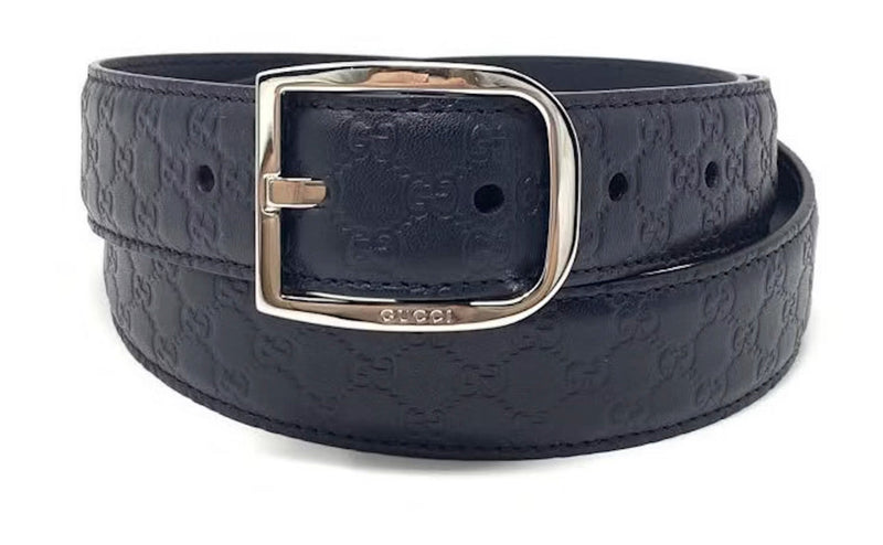 Gucci Signature Leather Skinny Belt with Rectangular Buckle, Navy Blue - Sunset Boutique