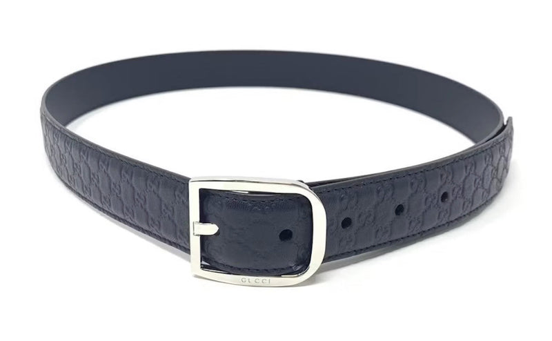 Gucci Signature Leather Skinny Belt with Rectangular Buckle, Navy Blue - Sunset Boutique