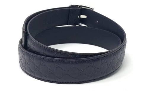Gucci Signature Leather Skinny Belt with Rectangular Buckle, Navy Blue - Sunset Boutique