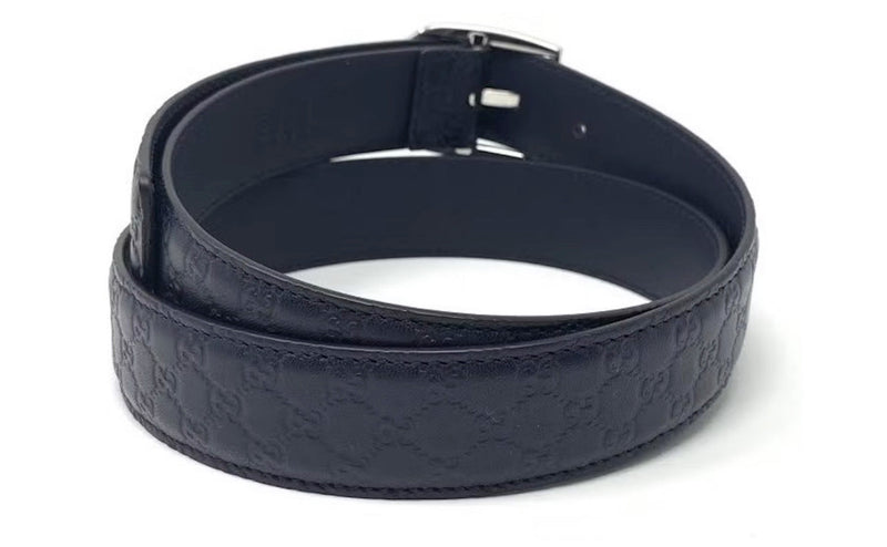 Gucci Signature Leather Skinny Belt with Rectangular Buckle, Navy Blue - Sunset Boutique