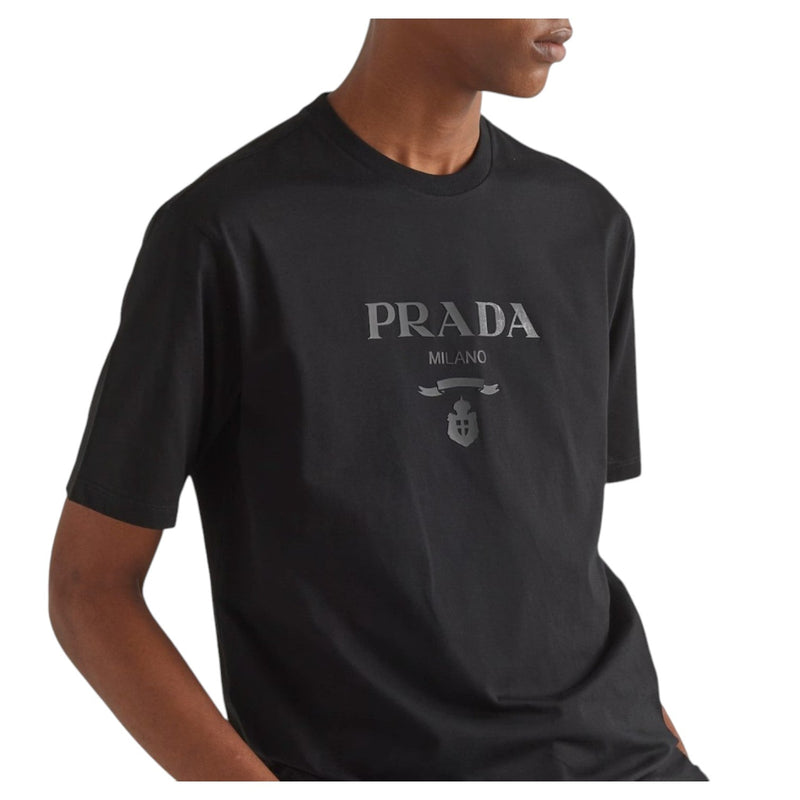 Prada Black Cotton T-Shirt with Embossed Silicone Logo - Sunset Boutique