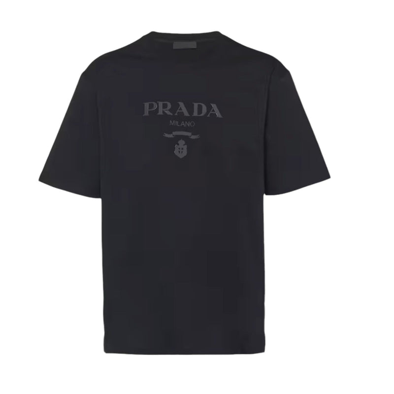 Prada Black Cotton T-Shirt with Embossed Silicone Logo - Sunset Boutique