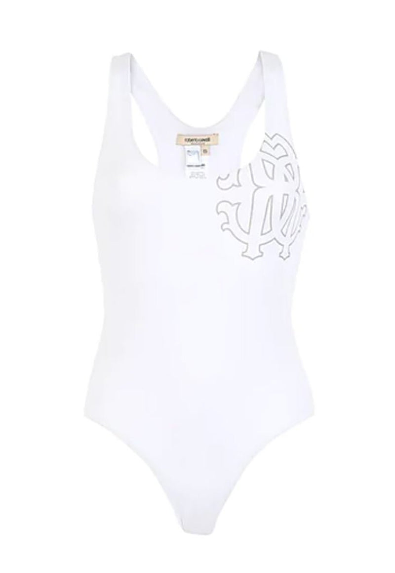 Roberto Cavalli Logo One - Piece Swimsuit, White, Size 4 - Sunset Boutique