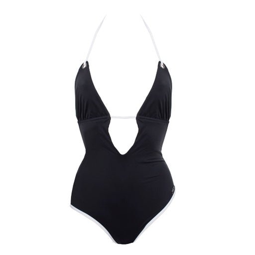 Karl Lagerfeld Plunging One - Piece Swimsuit, Black - Sunset Boutique